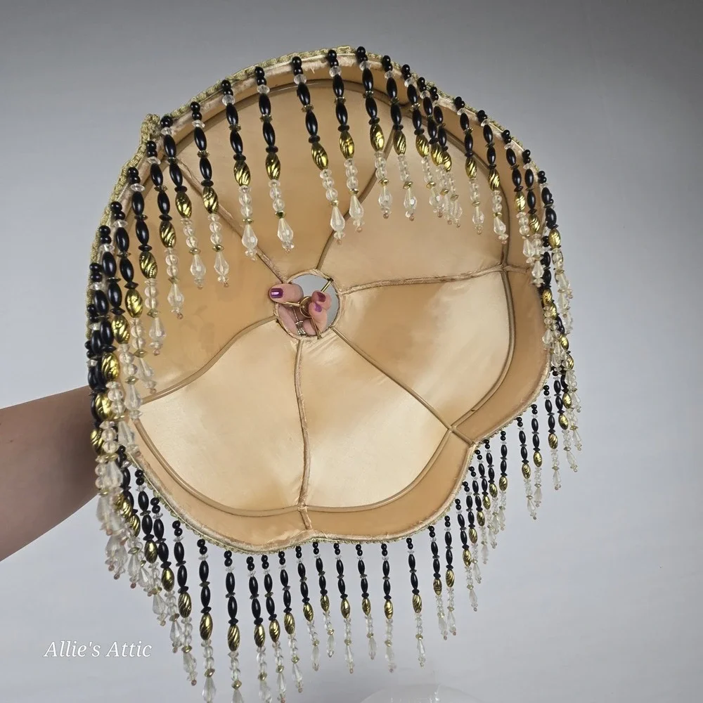 Victorian‎ Style Lamp Shade Beaded Tassels Black Pink Gold Floral Flowers 13x7